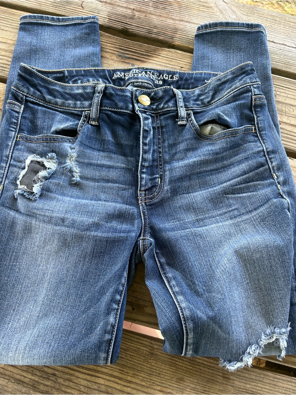 American Eagle Outfitters Distressed Dark Blue Stretch Jeggings